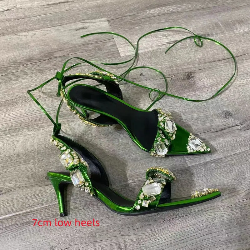 Crystal Wedding Rhinestone High Heels And Low Heel Ankle Strap Party Pointed Toe Sexy Shoes Candy Color Big Size 43