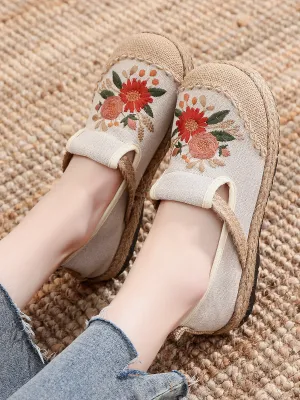 Double Kiss Floral Embroidered Linen Espadrilles - Beige