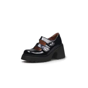 Double Straps Platform Leather Loafer Black