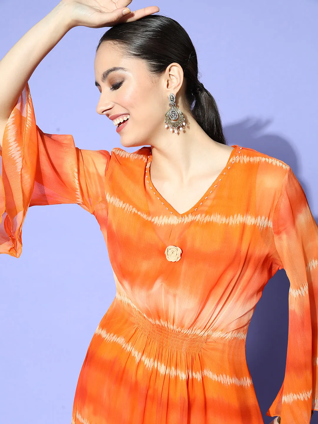 Exclusive V-Neck Chiffon Tie-Dye Print Orange Flared Kaftan For Women - ZOLA