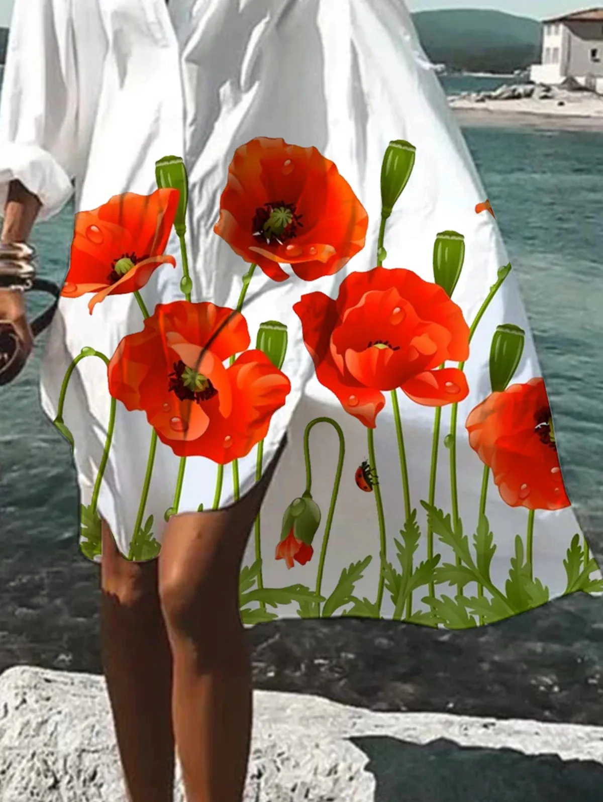 Fashion Summer Flower Print Split Hem Lapel Collar Shirt Dress