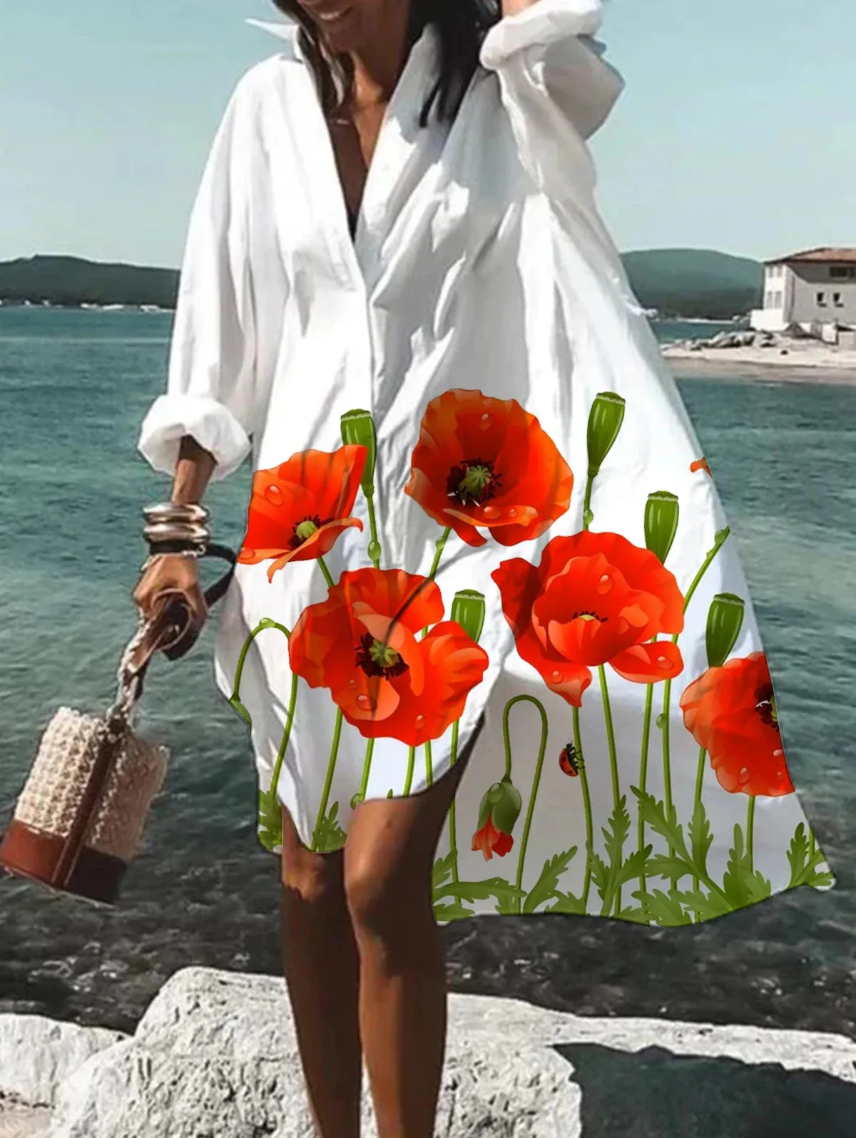 Fashion Summer Flower Print Split Hem Lapel Collar Shirt Dress