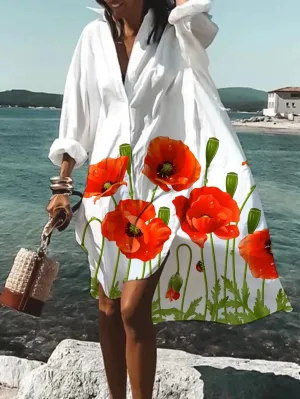Fashion Summer Flower Print Split Hem Lapel Collar Shirt Dress