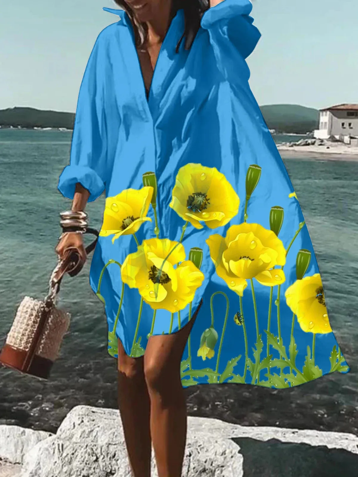 Fashion Summer Flower Print Split Hem Lapel Collar Shirt Dress