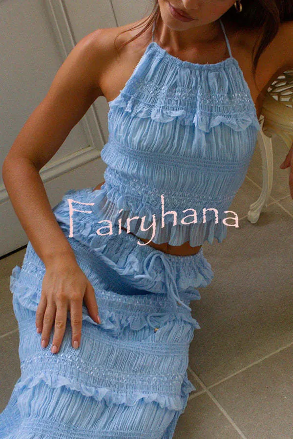 Feel Chic and Romantic Sequin Textured Material Back Elastic Halter Tie Tank and Drawstring Waist Tiered Maxi Skirt Set