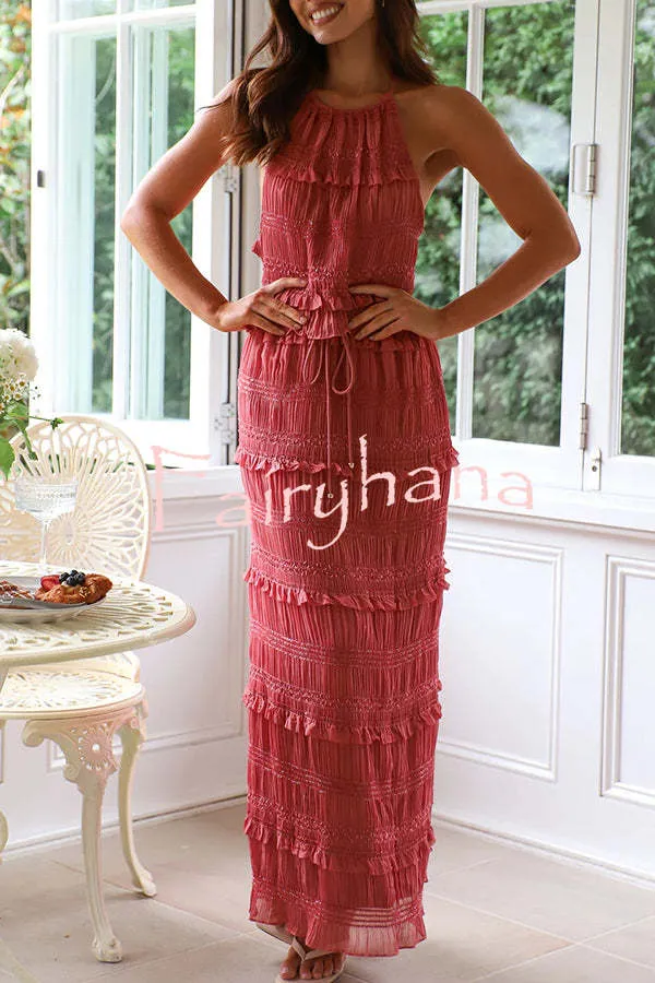 Feel Chic and Romantic Sequin Textured Material Back Elastic Halter Tie Tank and Drawstring Waist Tiered Maxi Skirt Set