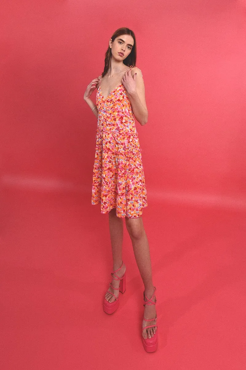 Floral Bright Tie Shoulder Tiered Dress