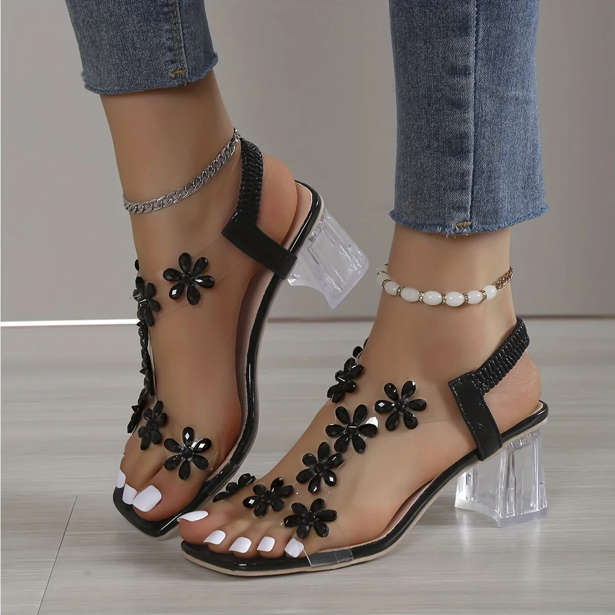 Floral Embellished Block Heel Sandals with Pearl Accents