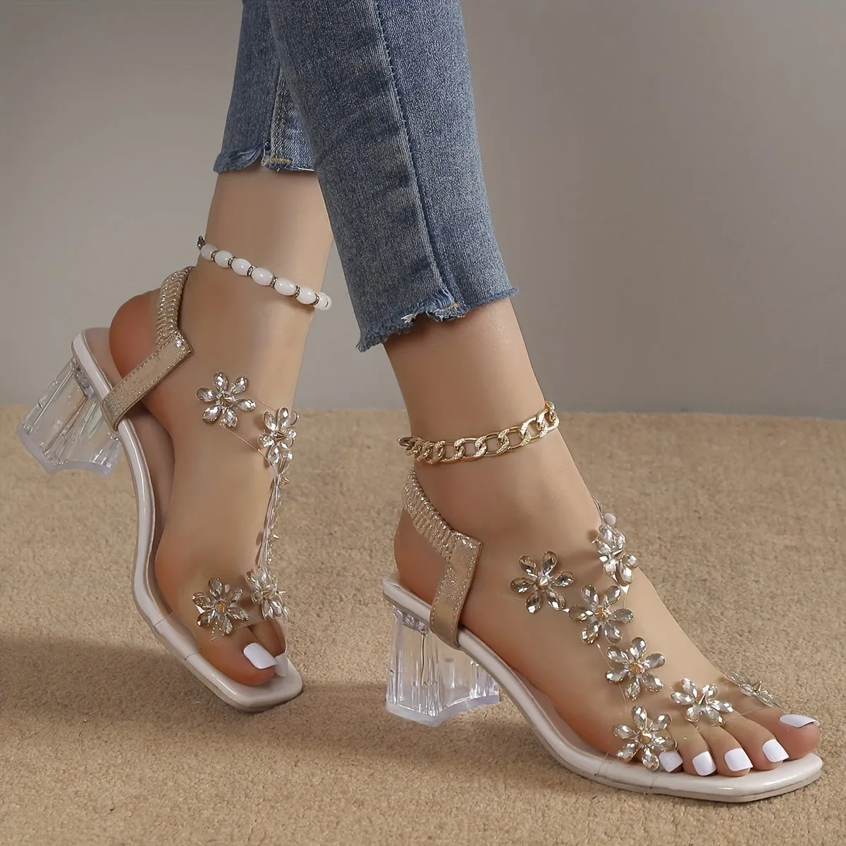 Floral Embellished Block Heel Sandals with Pearl Accents