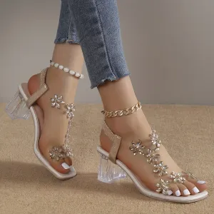 Floral Embellished Block Heel Sandals with Pearl Accents