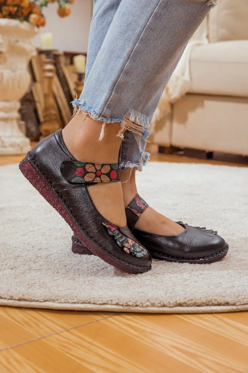 Floral Pattern Leather Mary Jane - Black