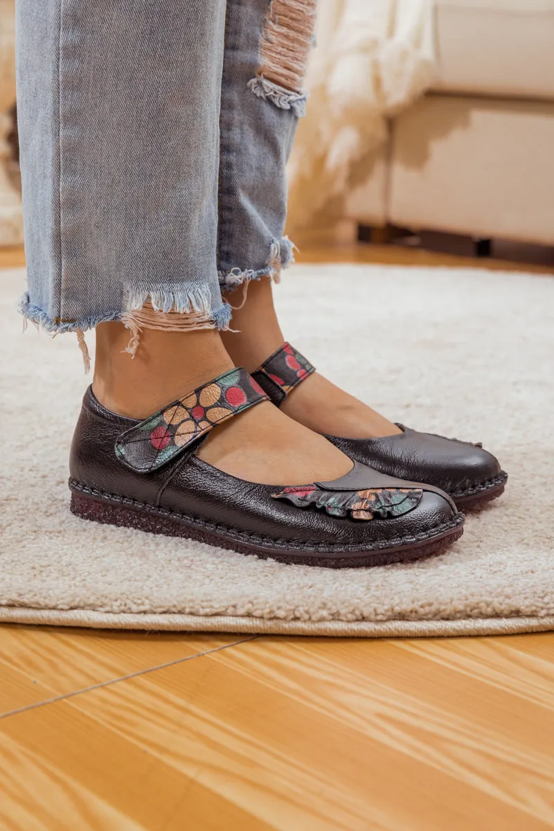 Floral Pattern Leather Mary Jane - Black