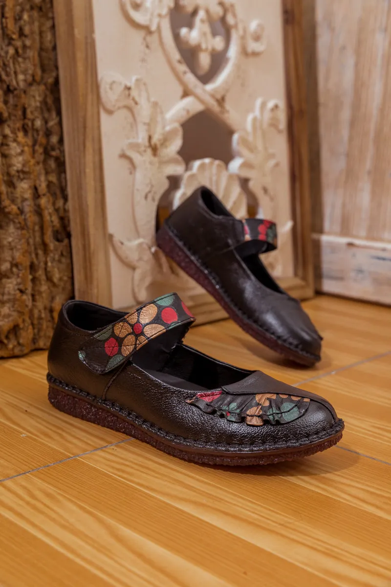 Floral Pattern Leather Mary Jane - Black