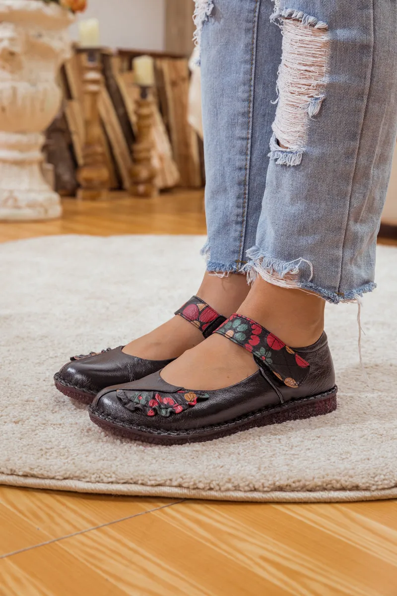 Floral Pattern Leather Mary Jane - Black