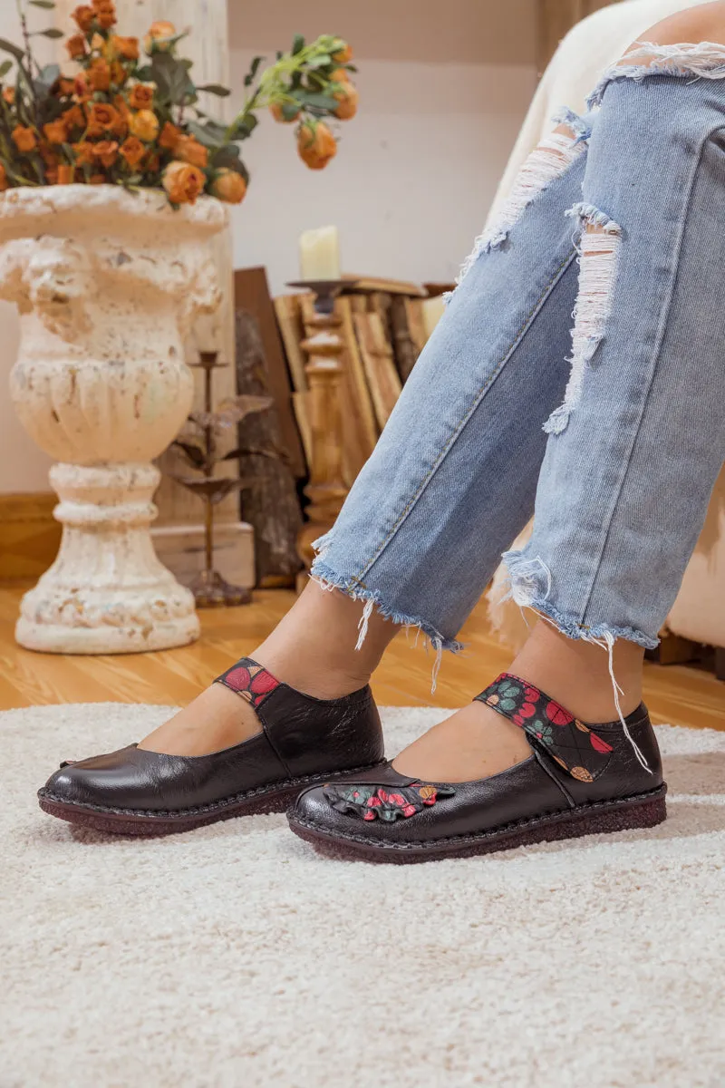 Floral Pattern Leather Mary Jane - Black