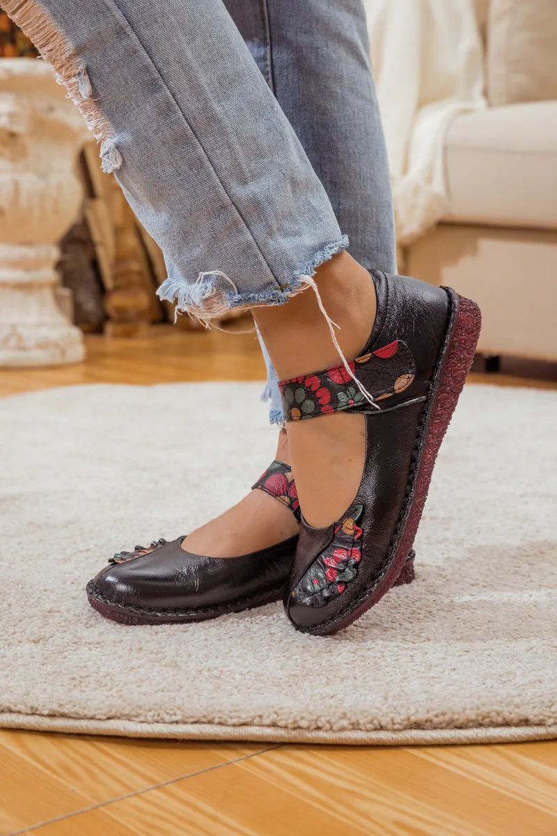Floral Pattern Leather Mary Jane - Black
