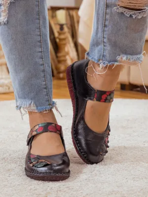Floral Pattern Leather Mary Jane - Black