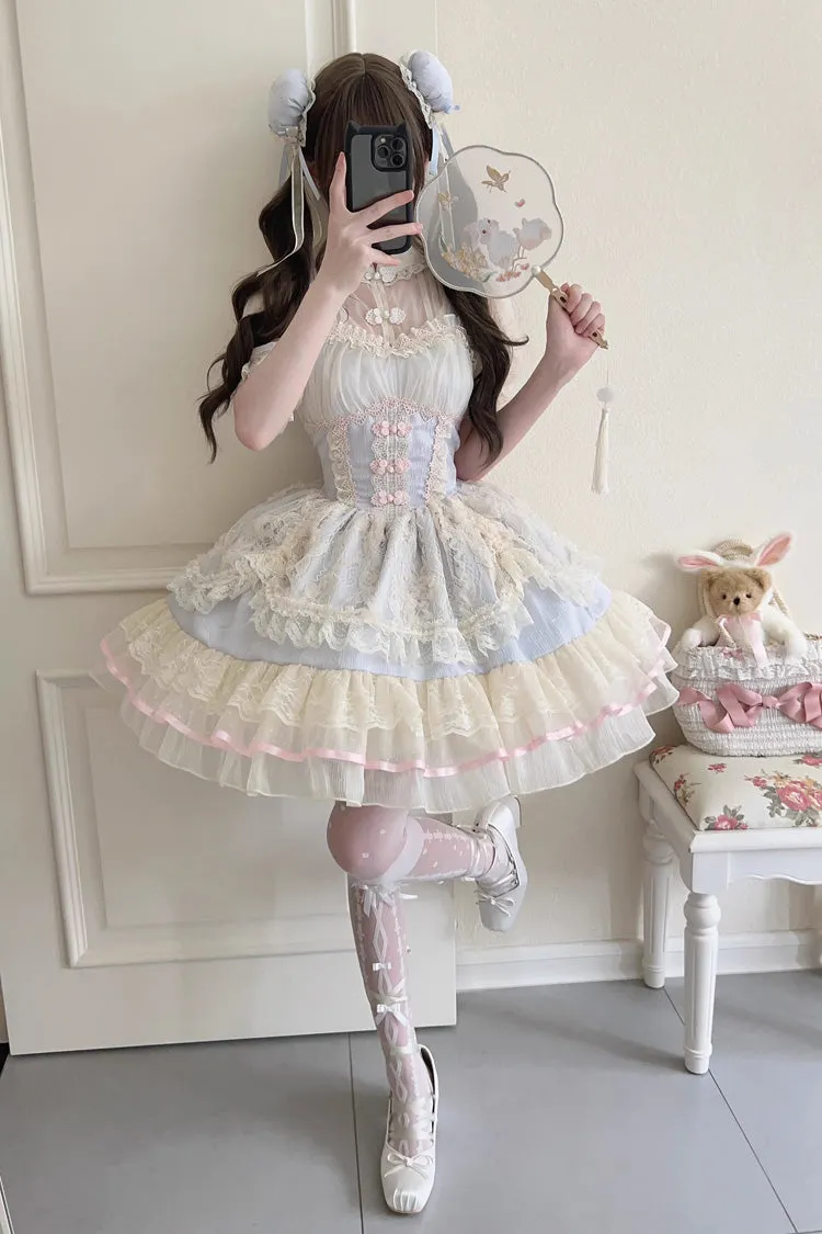 Flower Bud Halterneck Print Ruffle Lace Sweet Chinese Ballet Style Lolita Jsk Dress 3 Colors