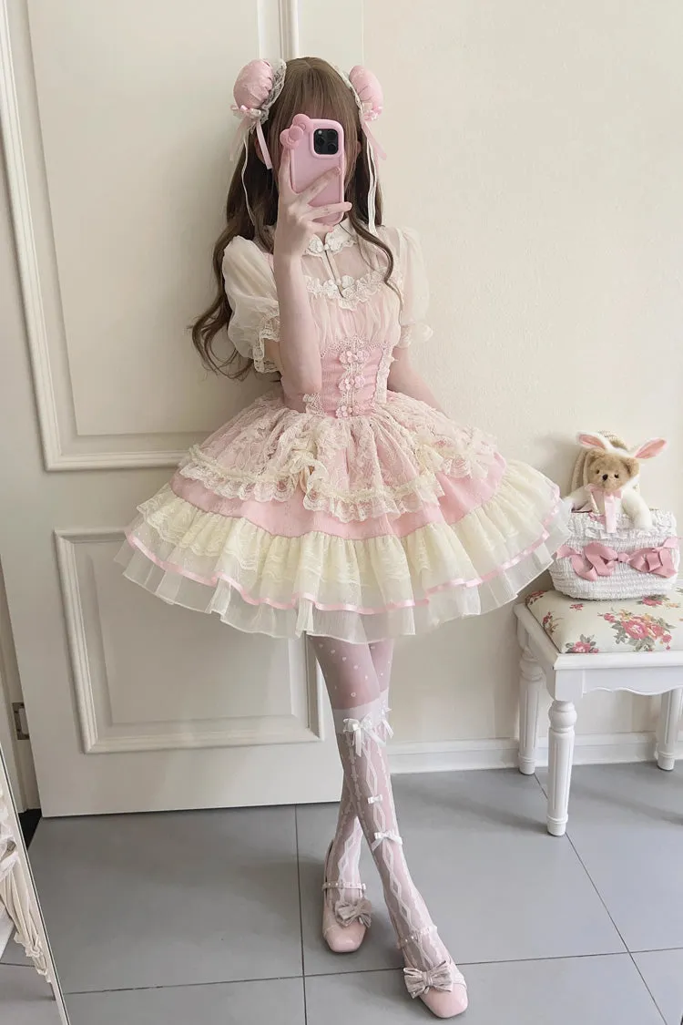 Flower Bud Halterneck Print Ruffle Lace Sweet Chinese Ballet Style Lolita Jsk Dress 3 Colors