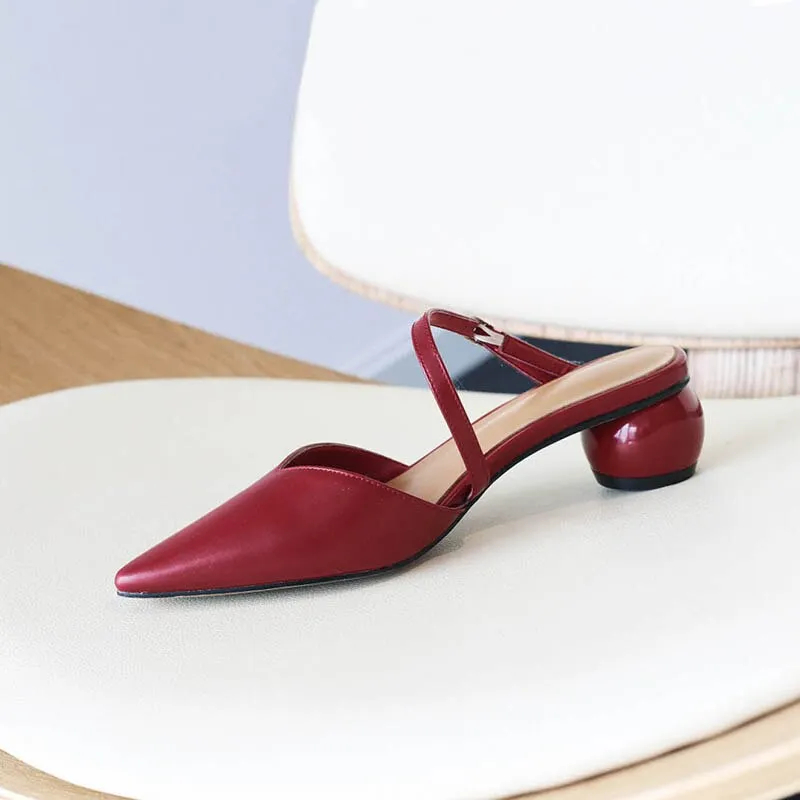genuine leather sweet shallow buckle strap strange style med heel women sandals pointed toe party brand summer shoes