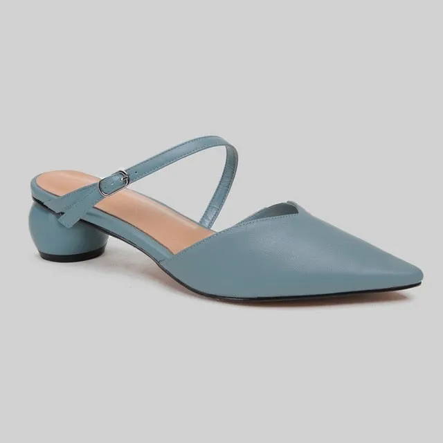 genuine leather sweet shallow buckle strap strange style med heel women sandals pointed toe party brand summer shoes