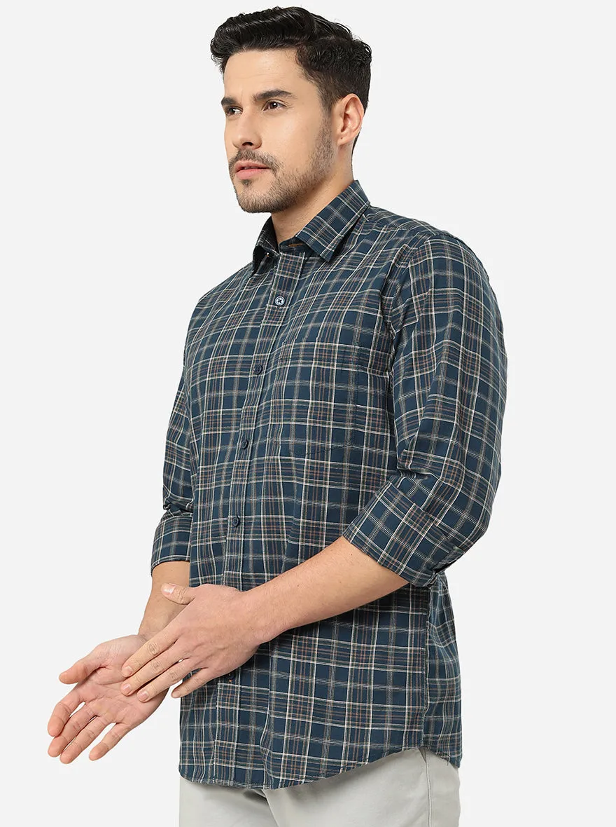 Green & Grey Checked Slim Fit Casual Shirt | JadeBlue