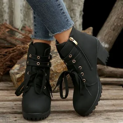 Hazel Blues® |  PU Leather Round Toe Block Heel Boots