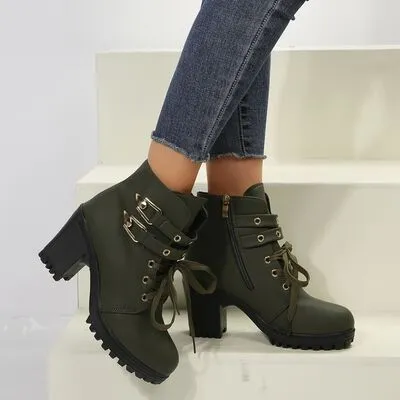 Hazel Blues® |  PU Leather Round Toe Block Heel Boots