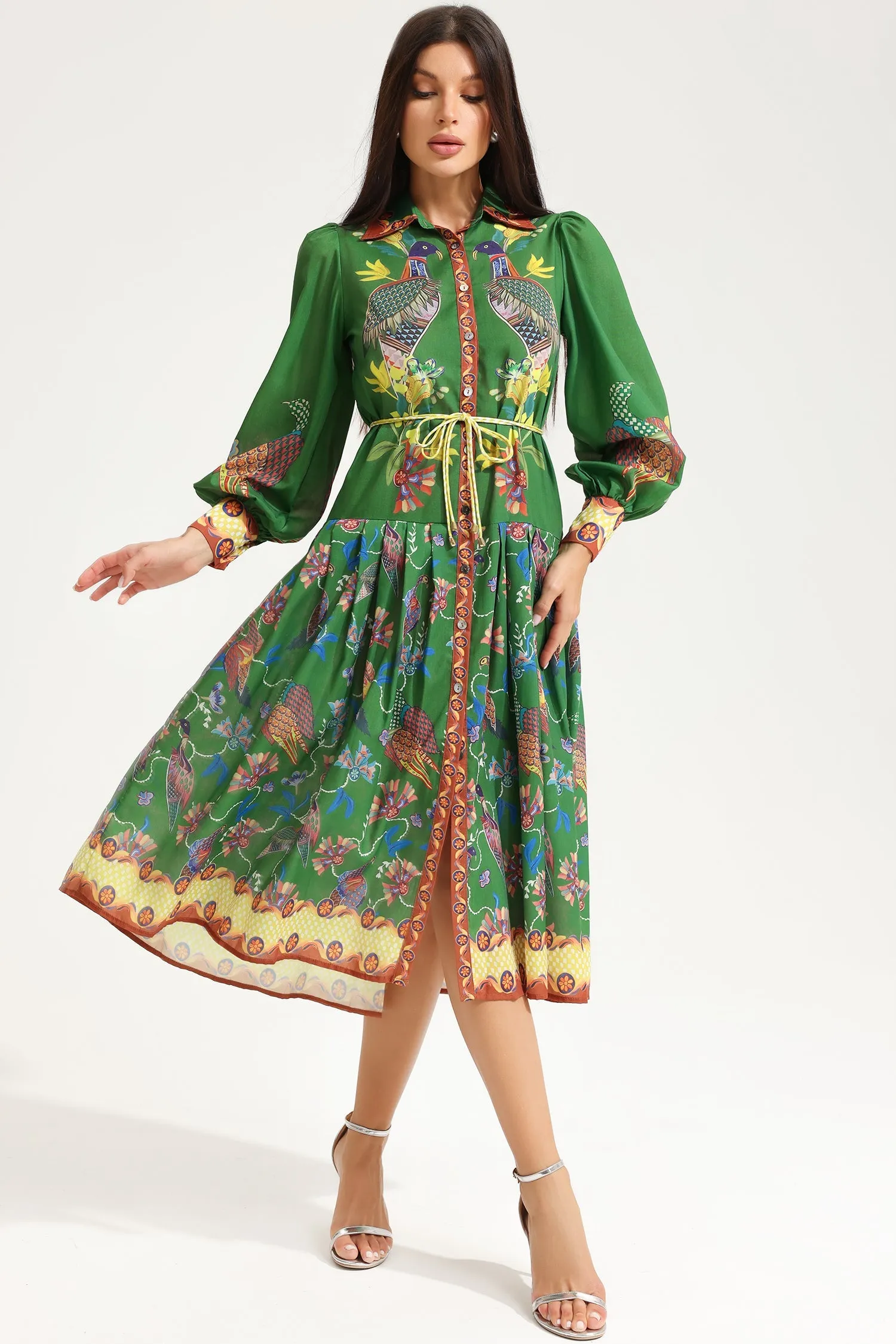 Lapel Lantern Sleeve Printed Large Hemline Long Dress