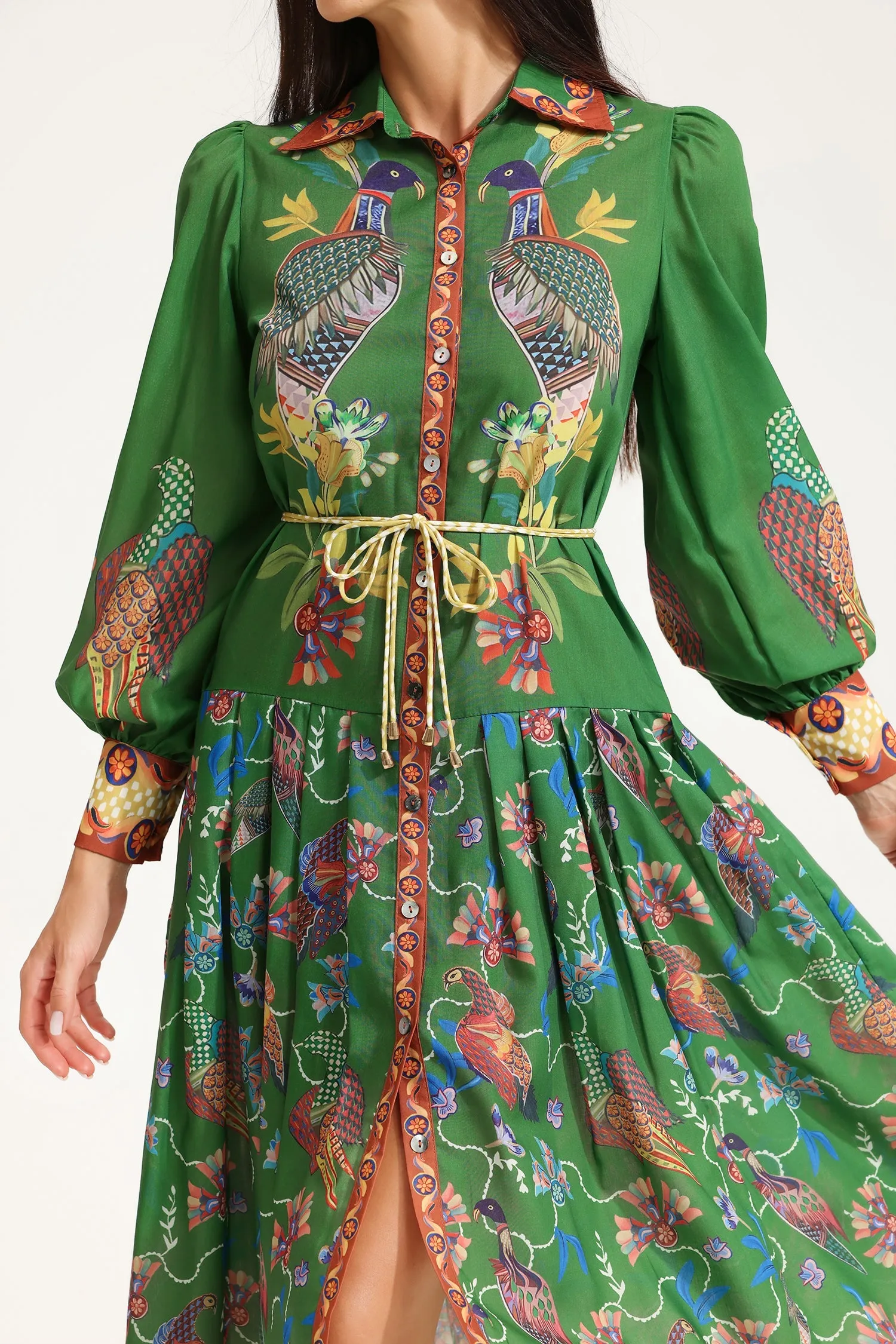 Lapel Lantern Sleeve Printed Large Hemline Long Dress
