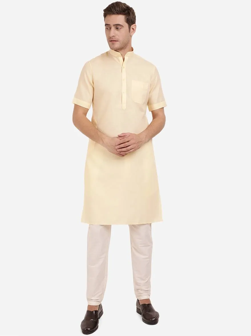 Light Yellow Self Textured Regular Fit Modi Kurta | JadeBlue