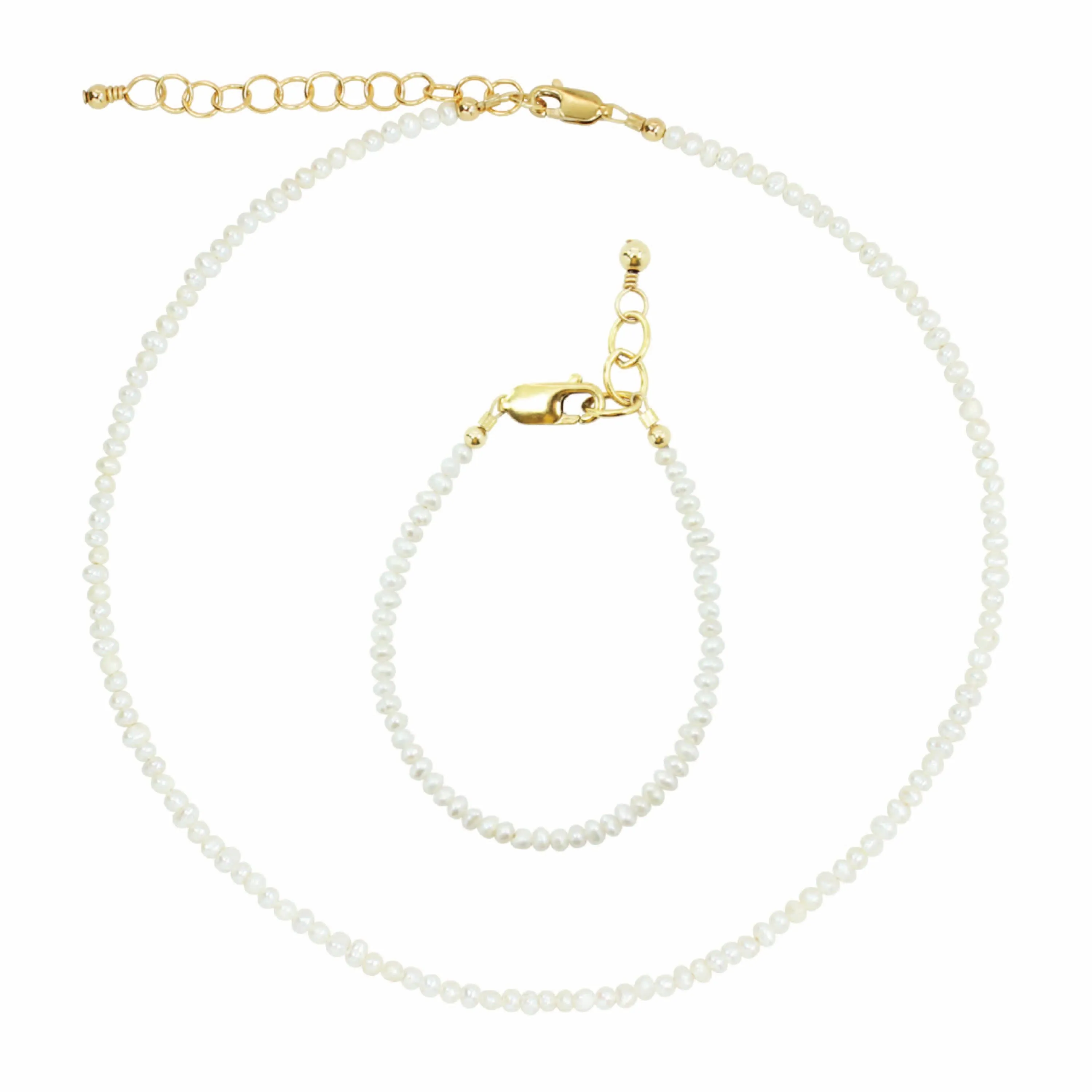 Mini Freshwater Pearl Necklace   Adult Bracelet Set (2MM Beads)