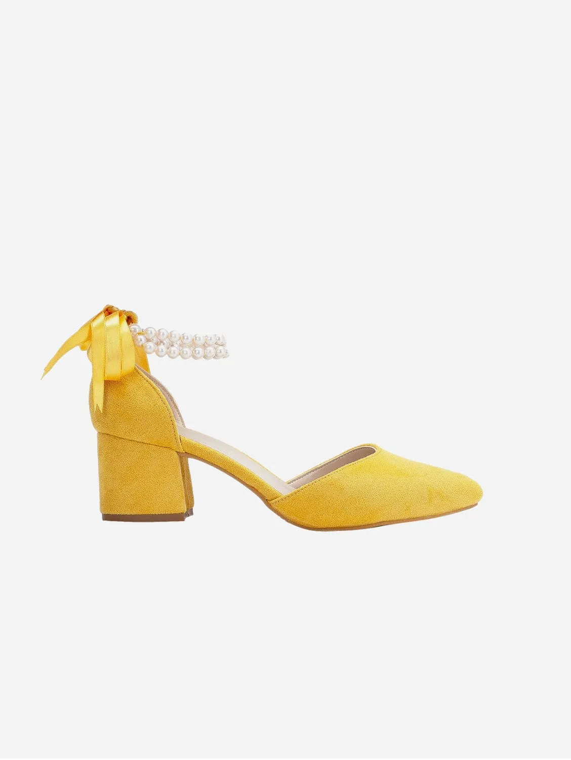 Miranda Vegan Suede Pearl Low Heels | Mustard Yellow
