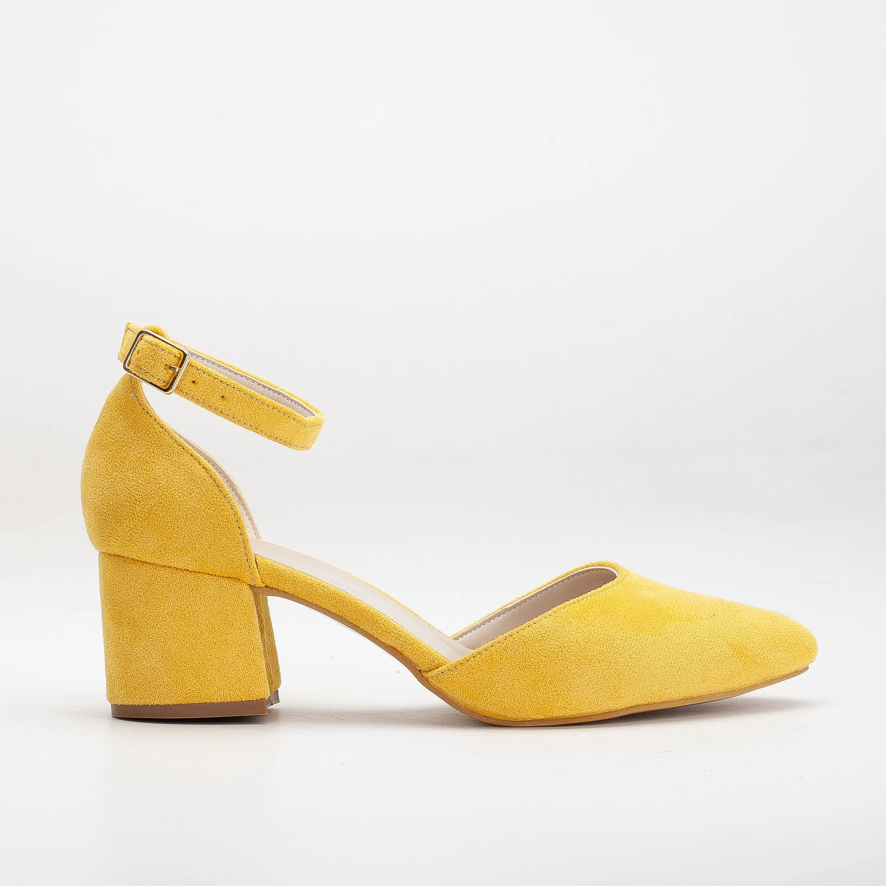 Miranda Vegan Suede Pearl Low Heels | Mustard Yellow