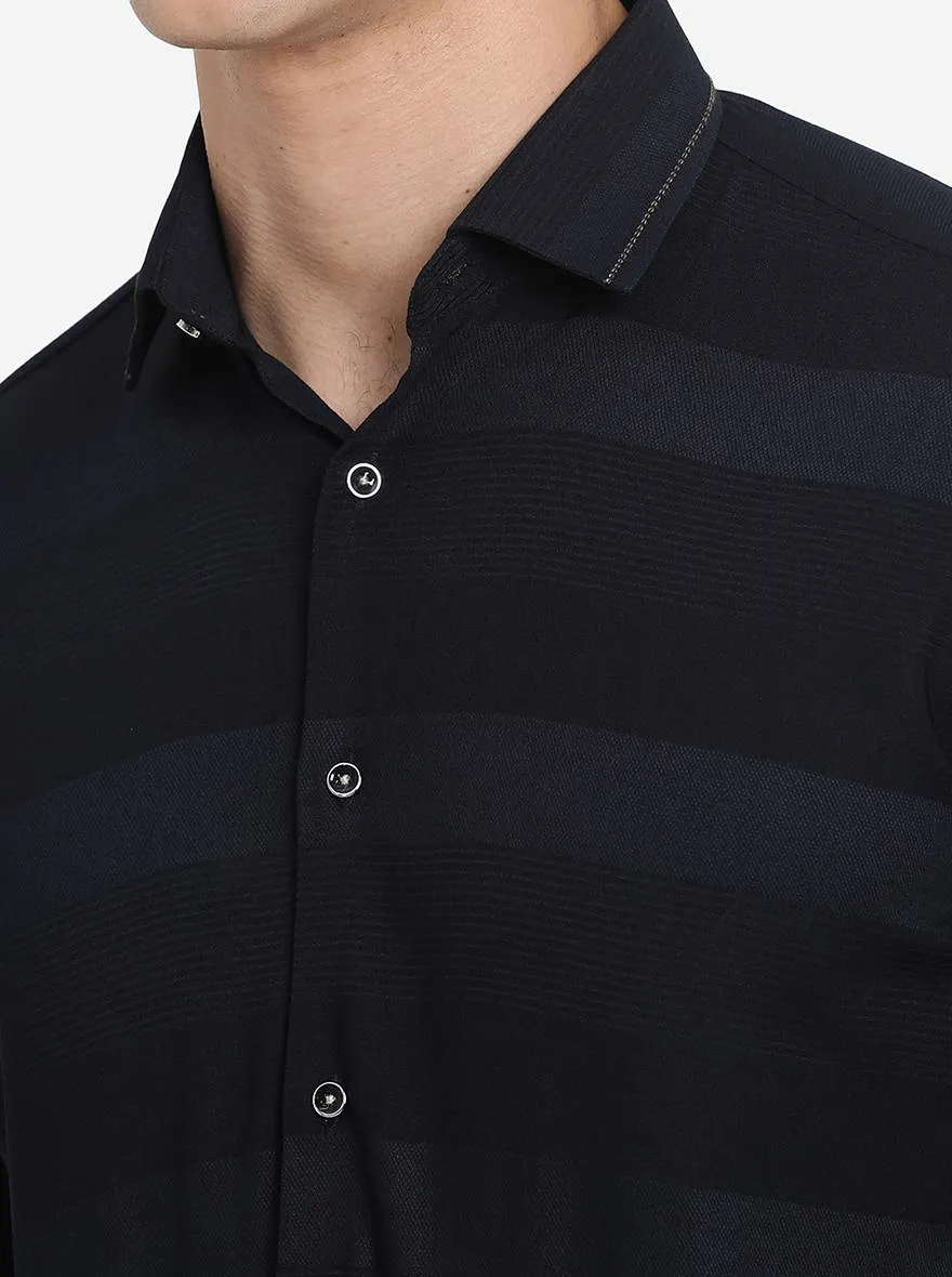 Navy Blue Striped Slim Fit Party Wear Shirt | JB Studio