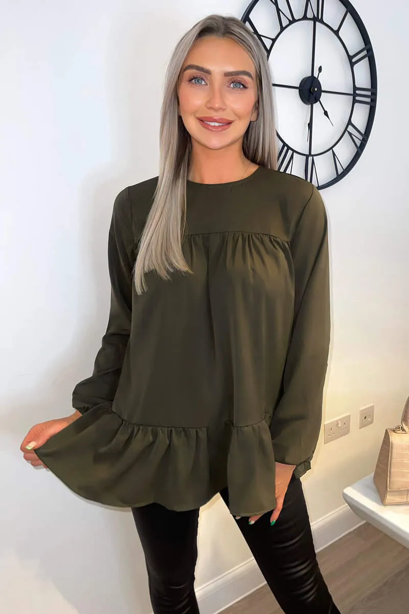 Olive Long Sleeve Round Neck Smock Top