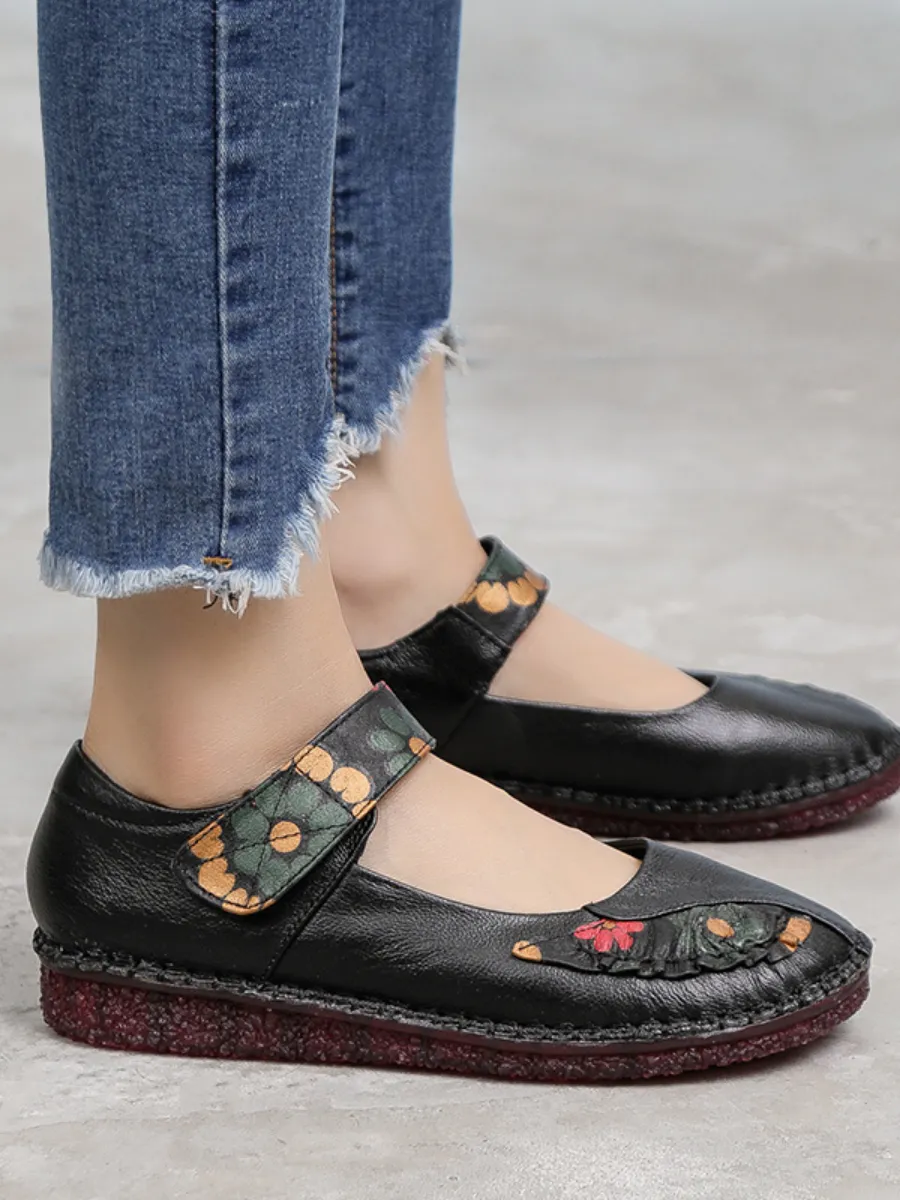 Perforated Flower Printed Leather Mary Jane - Black