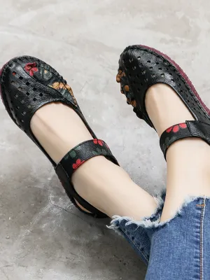 Perforated Flower Printed Leather Mary Jane - Black