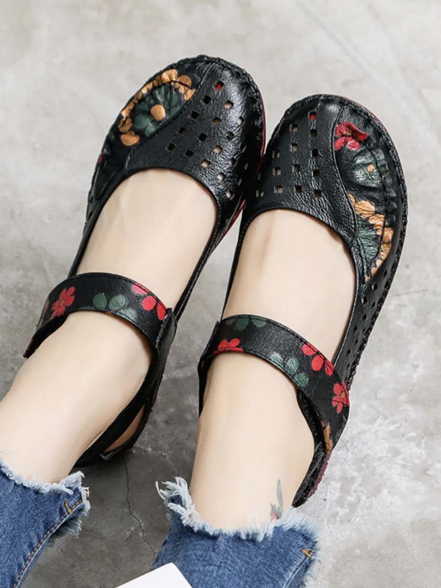 Perforated Flower Printed Leather Mary Jane - Black