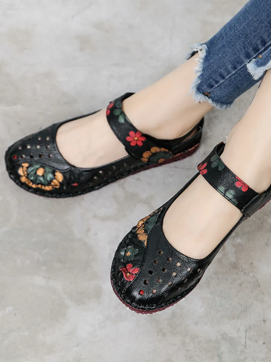 Perforated Flower Printed Leather Mary Jane - Black