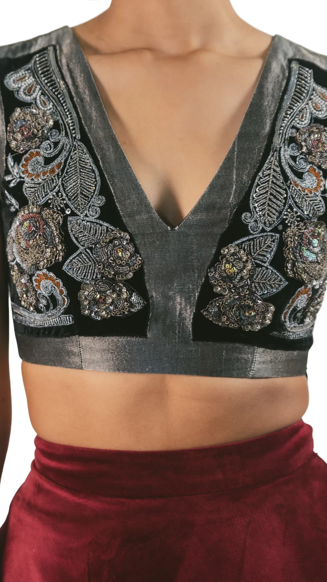 Pewter Embellished Crop Top With Velvet Tiered Lehenga