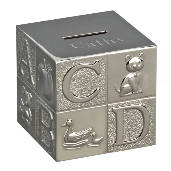 Piggy Bank - Large Shiny Silver Baby ABC Block
