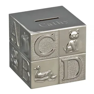 Piggy Bank - Large Shiny Silver Baby ABC Block