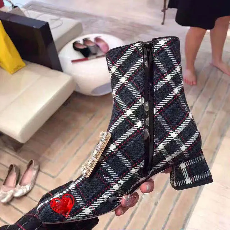 Plaid Crystal Buckle Women Ankle Boots Block High Heels Women Shoes Pumps Winter Botines Mujer