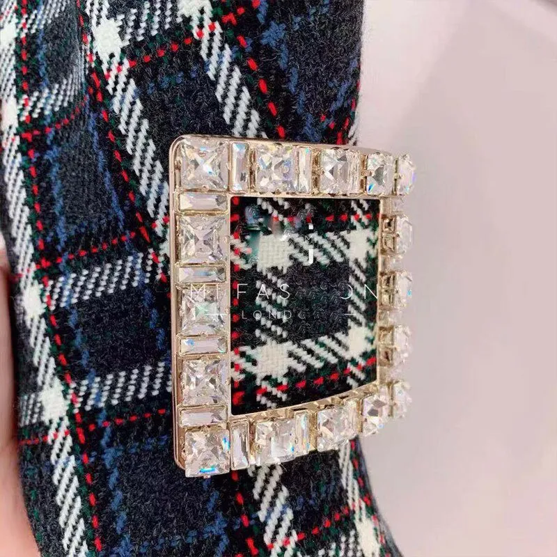 Plaid Crystal Buckle Women Ankle Boots Block High Heels Women Shoes Pumps Winter Botines Mujer