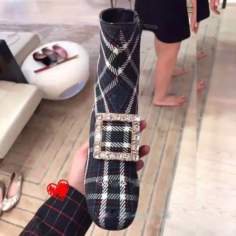 Plaid Crystal Buckle Women Ankle Boots Block High Heels Women Shoes Pumps Winter Botines Mujer