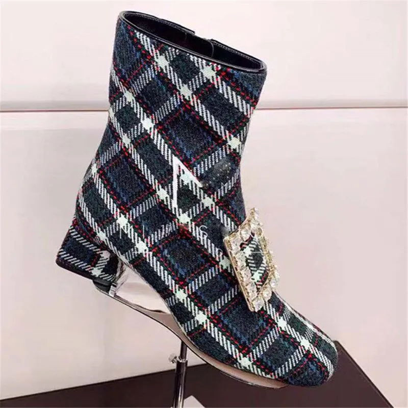 Plaid Crystal Buckle Women Ankle Boots Block High Heels Women Shoes Pumps Winter Botines Mujer