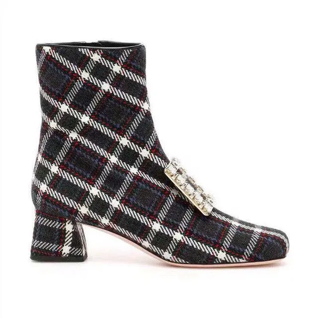 Plaid Crystal Buckle Women Ankle Boots Block High Heels Women Shoes Pumps Winter Botines Mujer