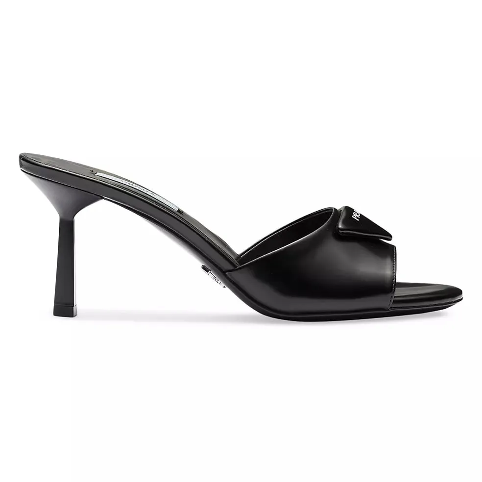PRADA Brushed Leather Sandals with Kitten Heel Black Size 38.5