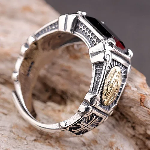 Real Solid 925 Sterling Silver Ring Virgin Mary Black Agate Punk Jewelry Open Size 8 9 10 11